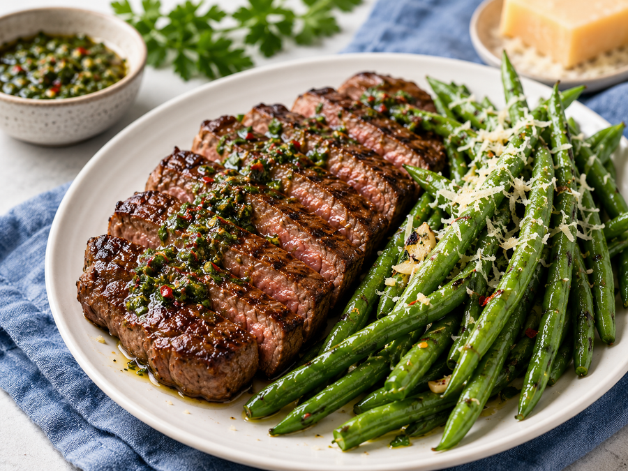 Steak with Chimichurri & Parmesan Green Beans