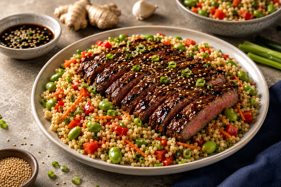 Asian Flank Steak with Sesame Ginger Glaze & Couscous