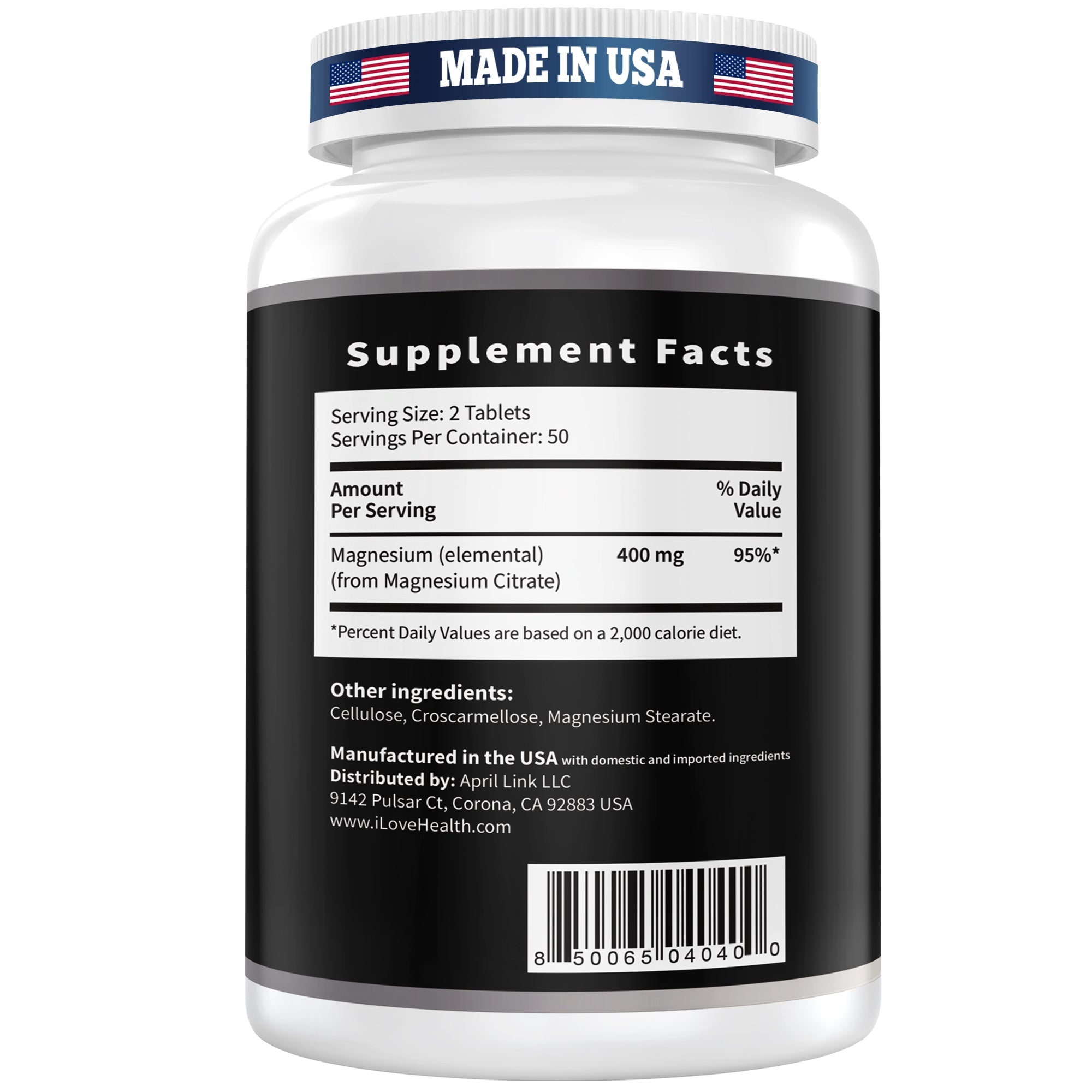 Magnesium Citrate, 400mg, Heart Health Support, 100 vegetarian Tablets