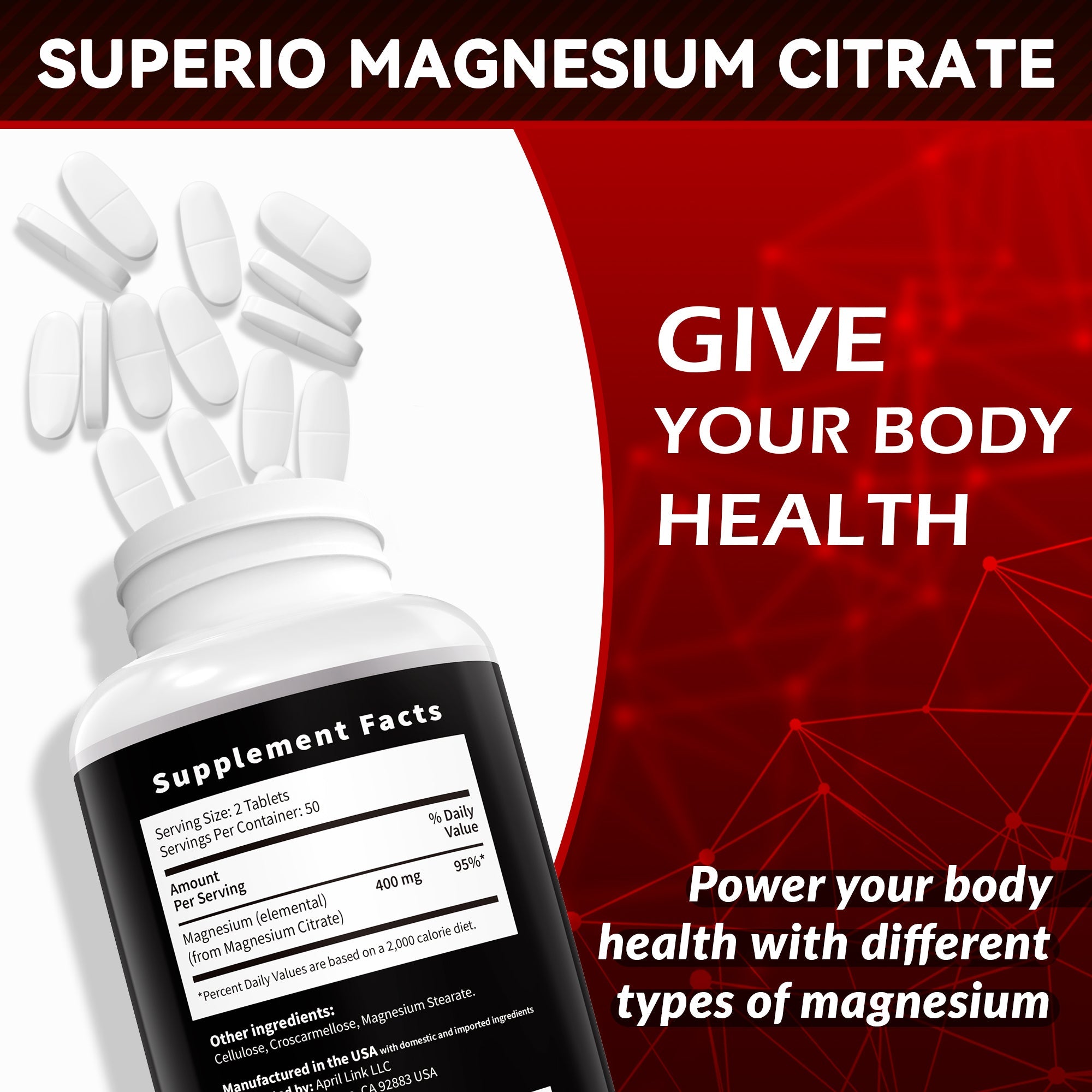 Magnesium Citrate, 400mg, Heart Health Support, 100 vegetarian Tablets