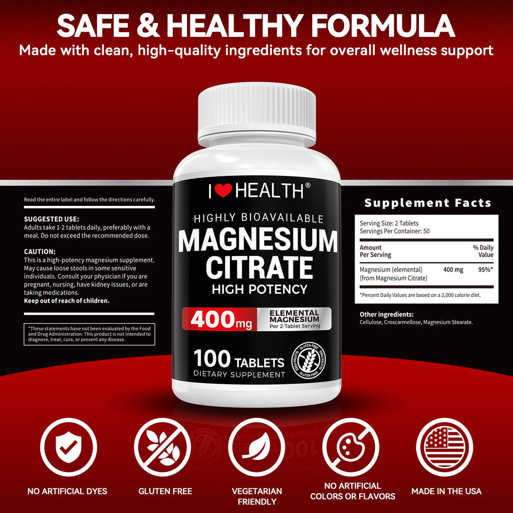 Magnesium Citrate, 400mg, Heart Health Support, 100 vegetarian Tablets