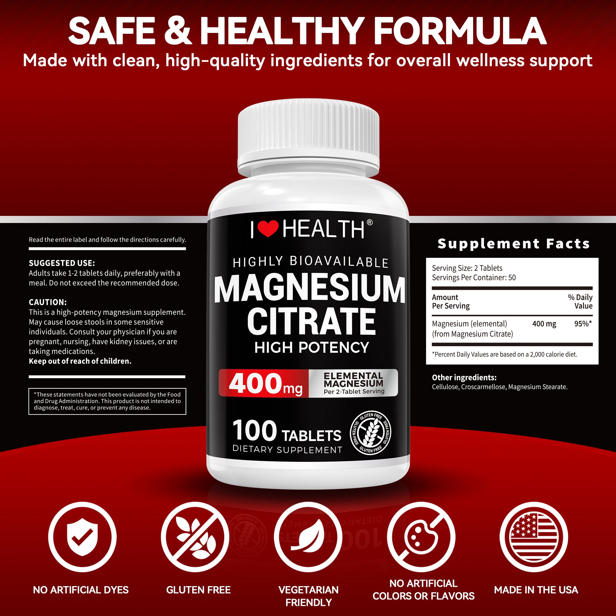 Magnesium Citrate, 400mg, Heart Health Support, 100 vegetarian Tablets