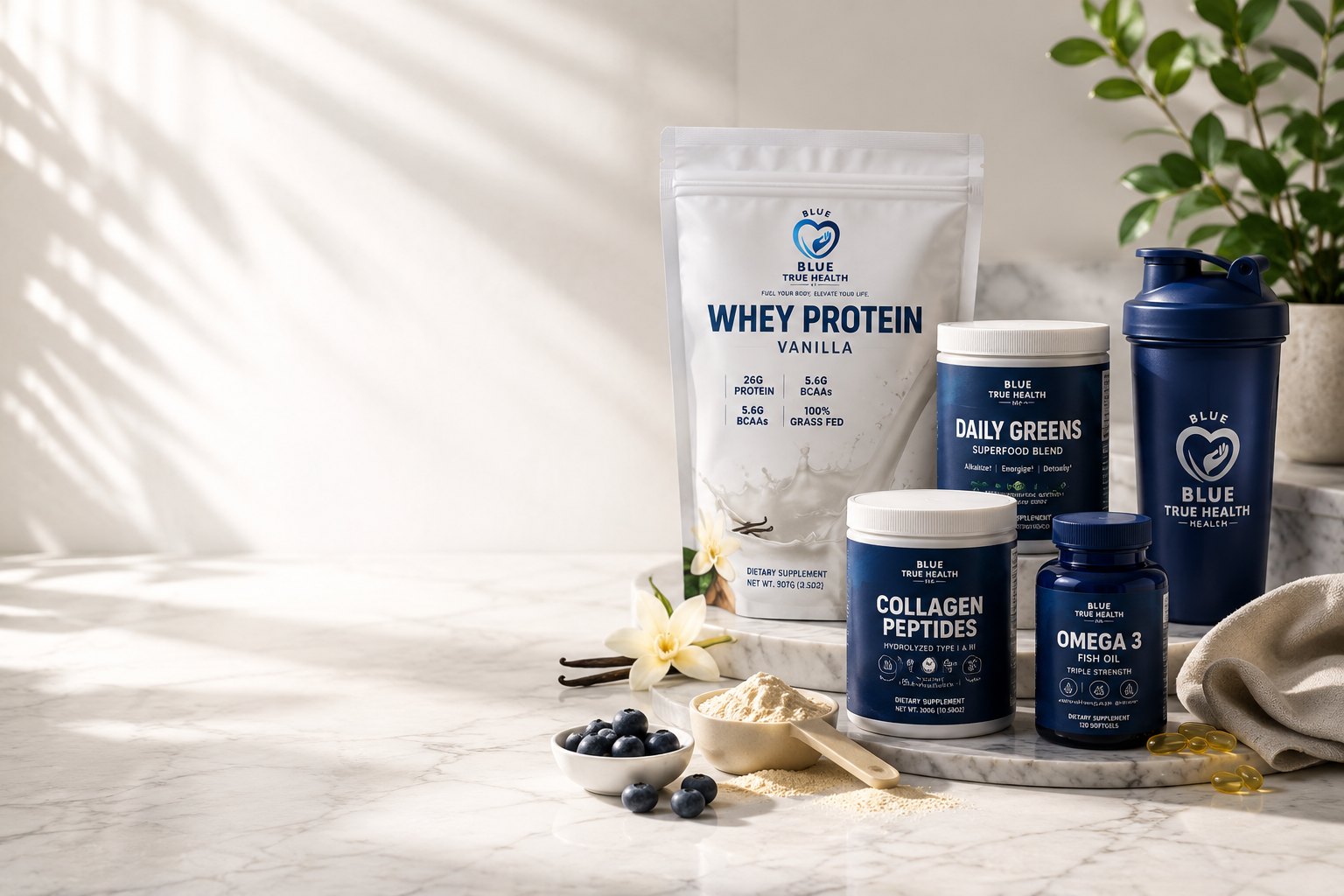 Blue True Health Whey Protein, Daily Greens, Collagen Peptides, and Omega 3 arranged on a white marble surface