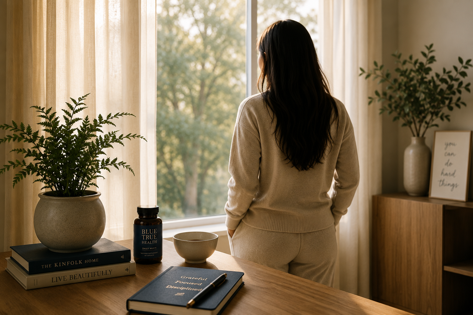 Woman in cream loungewear looking out a sunlit window, with a Blue True Health Daily Multi bottle and a journal on the desk beside her