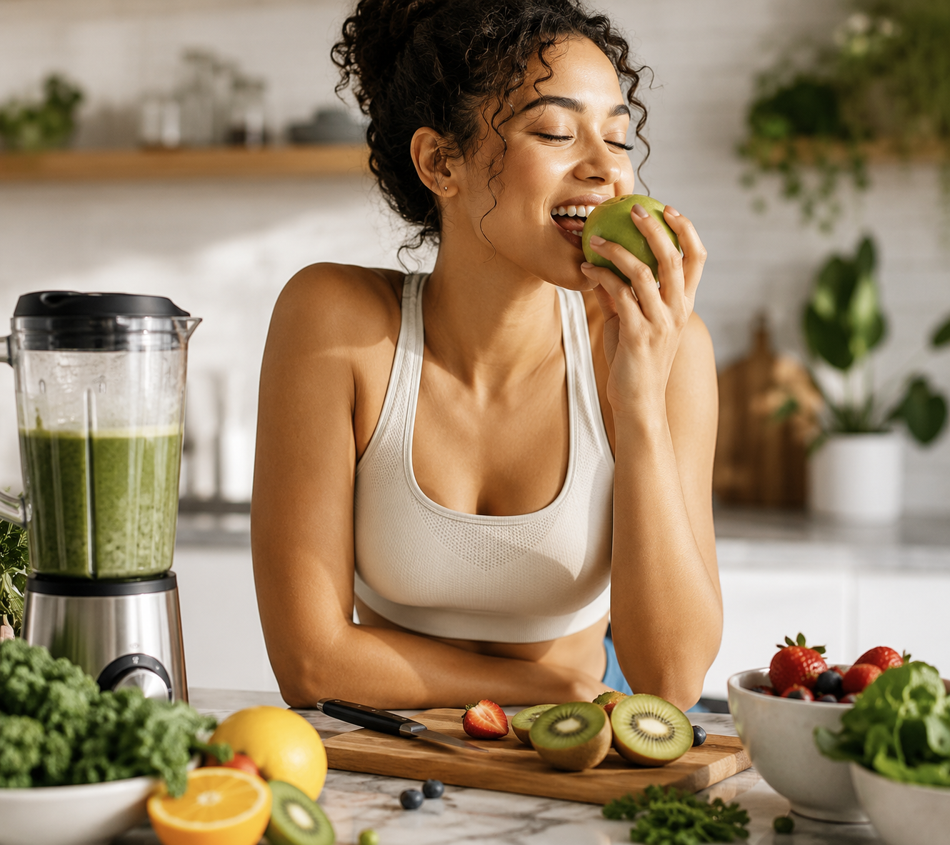 Woman enjoying fresh fruit and vegetables in a bright kitchen
