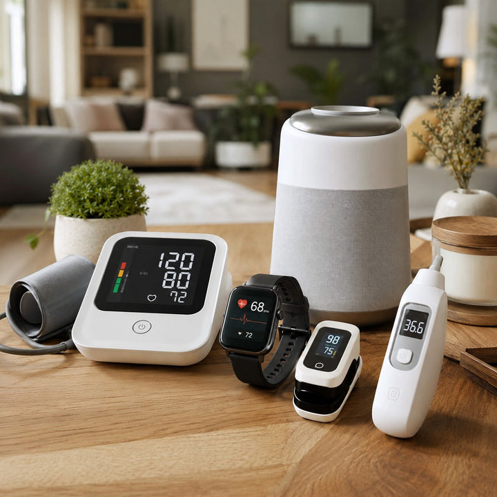 Health monitoring devices including blood pressure monitor, smartwatch, pulse oximeter, and thermometer